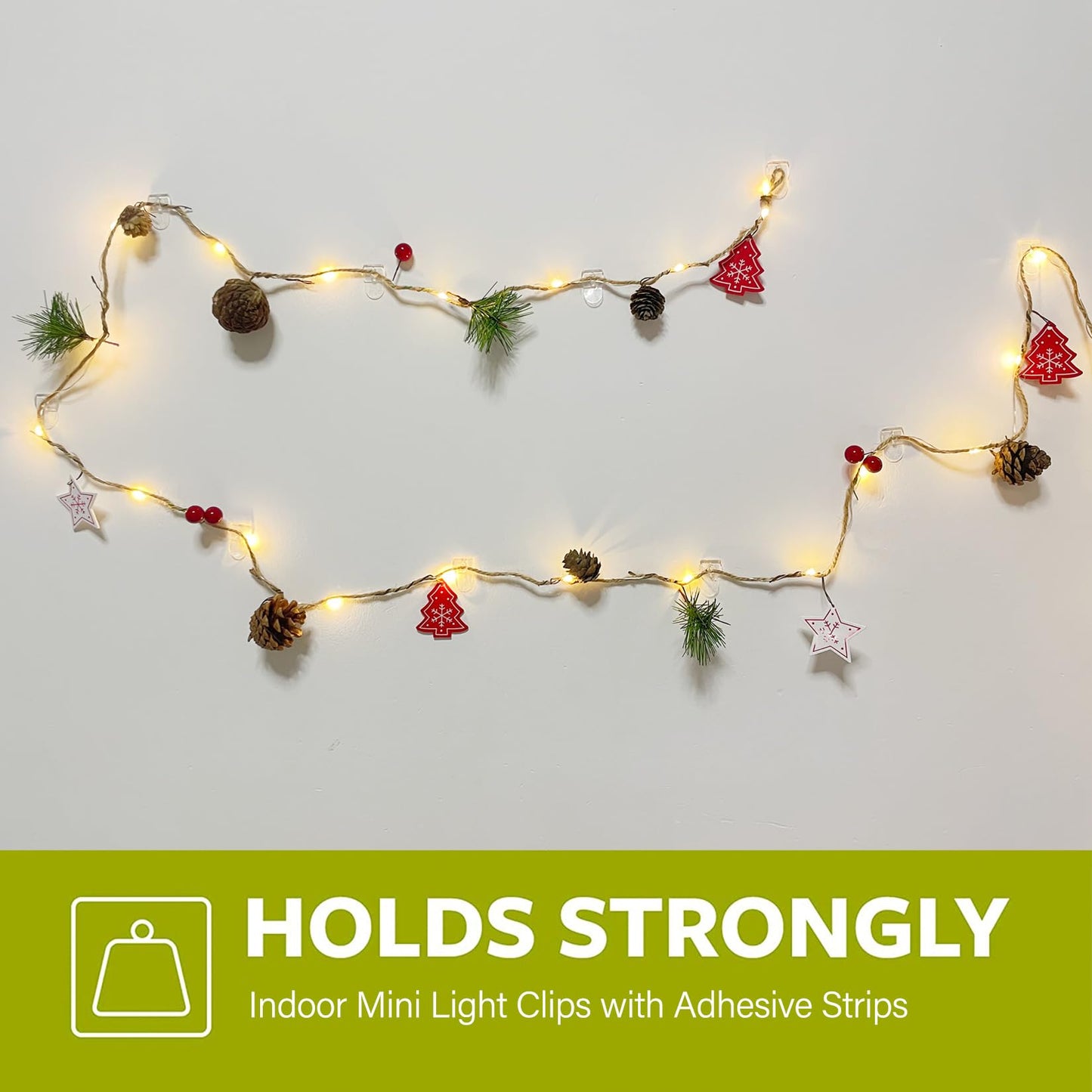 Karsbarwe 120 Clear Mini Light Clips with 132 Adhesive Strips, Small Removable Wall Hooks No Damage, Transparent Wire Hooks for Christmas String Lights, Indoor Holiday Decorations, Cables and Cords
