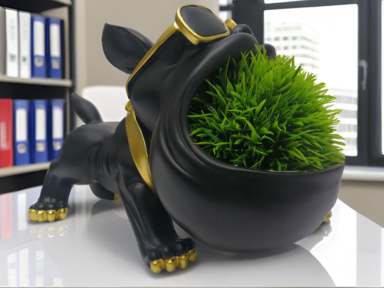 CUZOKOLA Large French Bulldog Tray Statue Cute Dog Candy Dish Modern Entryway Table Keys Candy Bowl for Office Desk Funny Animal Storage Sculpture Figurine with Big Mouth Gold Glasses for Home Decor