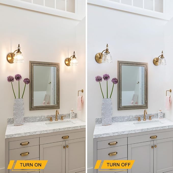 Vintage Brass Wall Sconces Set of Two, Brushed Gold Bathroom Vanity Light Fixtures, Hardwired Sconces Wall Deco Set of 2, Glass Wall Lights for Bathroom, Bedroom,Hallway (Excludes G9 Bulb)