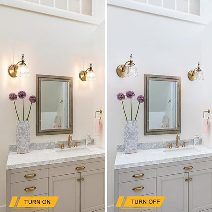 Vintage Brass Wall Sconces Set of Two, Brushed Gold Bathroom Vanity Light Fixtures, Hardwired Sconces Wall Deco Set of 2, Glass Wall Lights for Bathroom, Bedroom,Hallway (Excludes G9 Bulb)