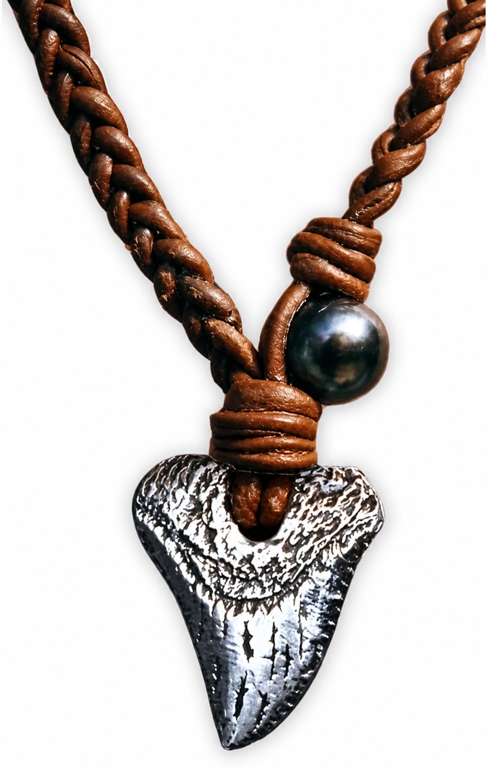 WanderTribes Shark Tooth Silver Plated Necklace Pendant Authentic Leather Cord, Adjustable Premium Pearl Pendant, Handmade Silver Jewelry, Designed Necklace for Men & Women, Jewelry Gifts