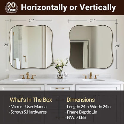 ANDY STAR 24"x24" Brushed Brass Square Mirror, Gold Scalloped Mirror with Unique Notched Edges Design in 1 Inch Stainless Steel Metal Frame for Home Bathroom Wall Mounted