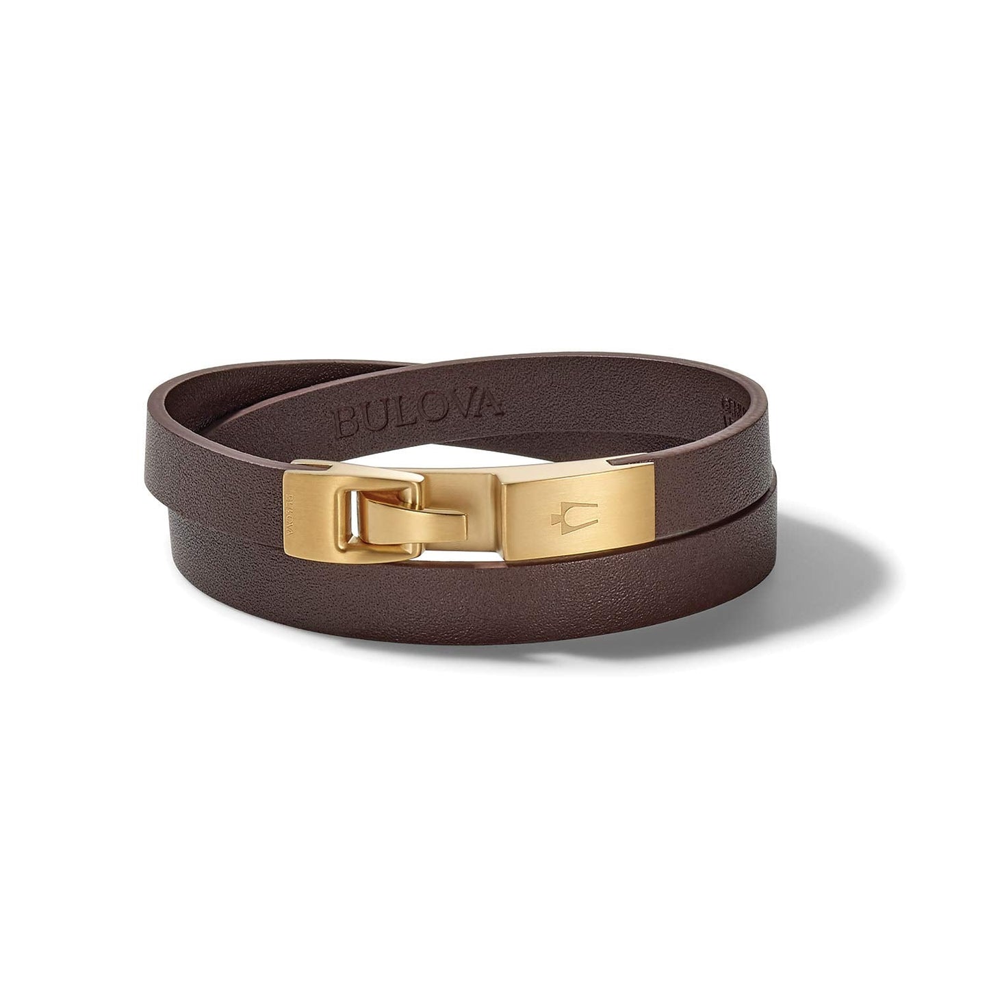 Bulova Brown Leather Large Double-Wrap Bracelet with Brushed Gold-Tone Stainless Steel Hook Clasp (Model J96B003L), Brown with Gold-Tone (J97B003L)