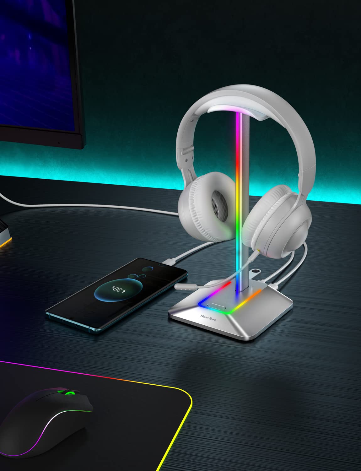 New Bee RGB Headphone Stand with 1 USB-C Charging Port and 1 USB Charging Port, Desk Gaming Headset Stand with 7 Light Modes and Non-Slip Rubber Base Suitable for All Earphone Accessories (Silver)