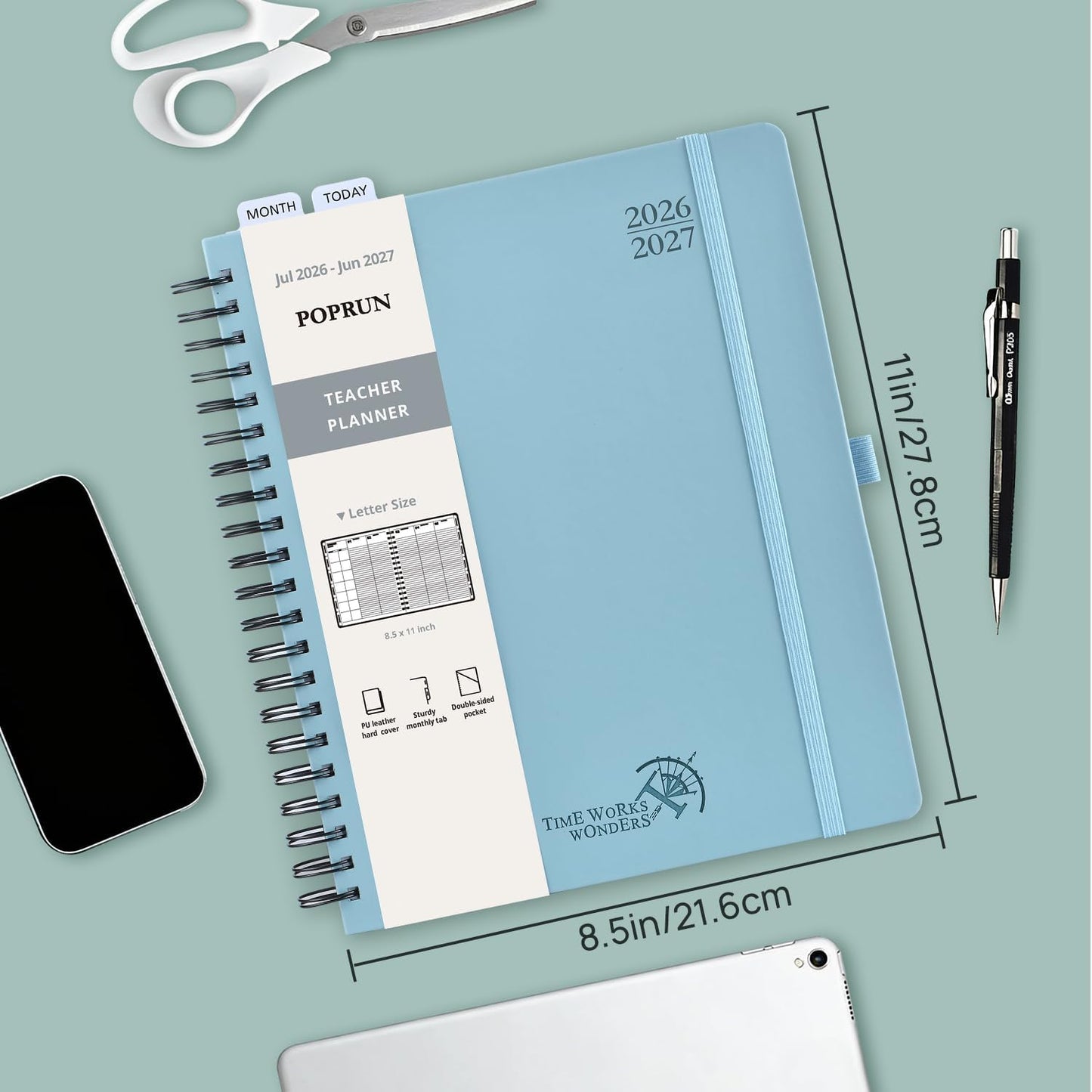 POPRUN Teacher Lesson Planner 2026-2027, (Letter Size - 8.5'' x 11'') Academic Planner July 2026 - June 2027 with Gradebook & Color Monthly Tabs, Thick Paper, 2-Sided Pocket, Leather Cover, Evergreen
