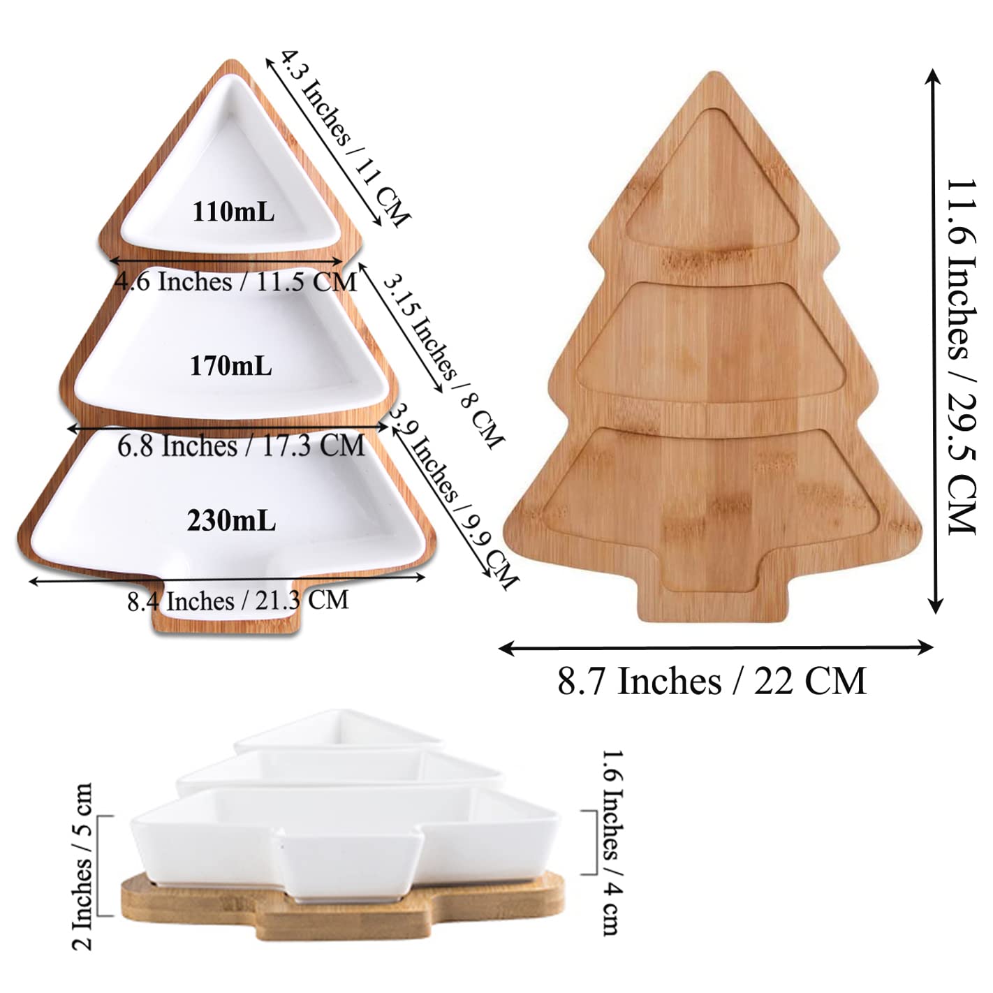 ROSE CREATE 11.6 Inches Big White Snack Appetizer Trays Set, Christmas Tree Dessert Serving Dishes, Snack Platter, 3 pcs Removable Porcelain Plates with Bamboo Tree Tray