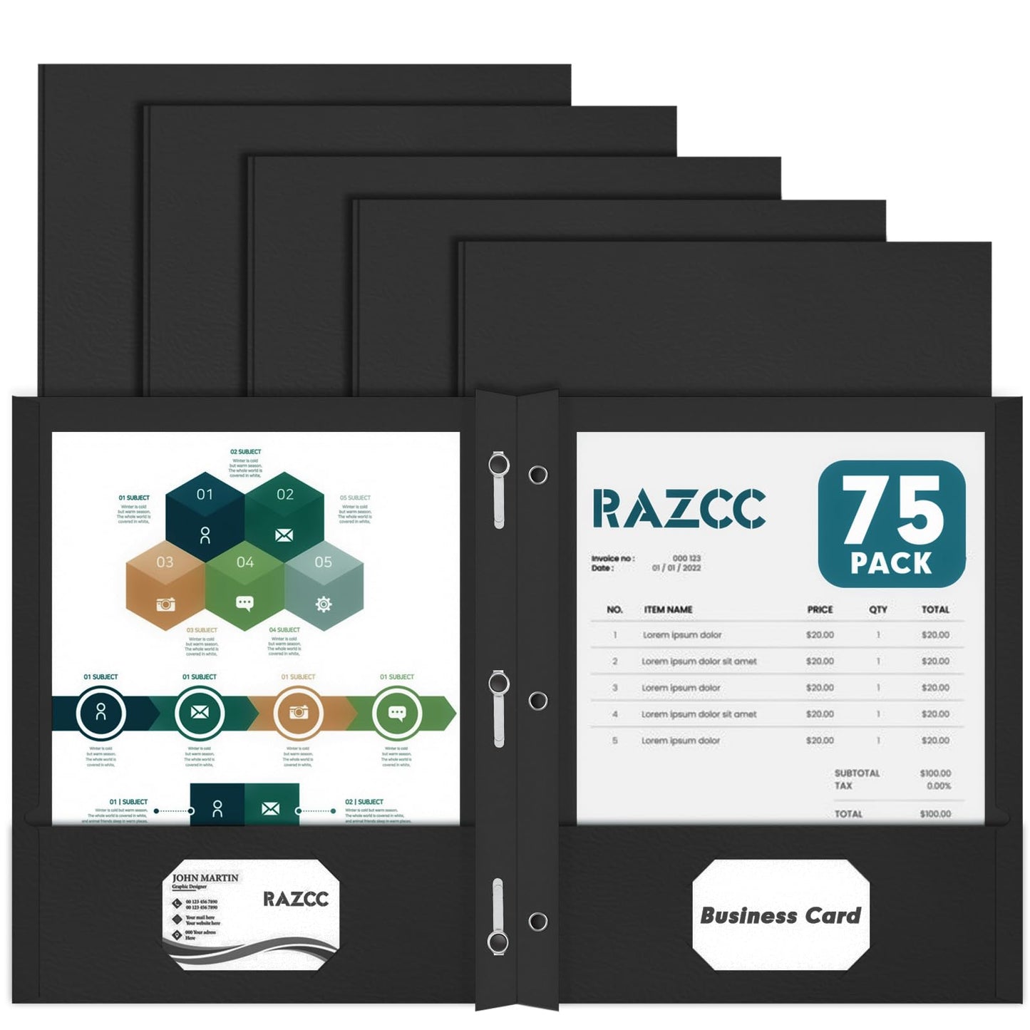 Two Pocket Folders, RAZCC 75 Pack Two Pocket Folders with Prongs, 3 Prong Folders Fit Letter Size Paper, Pocket File Folders for School Office Home Business, Black