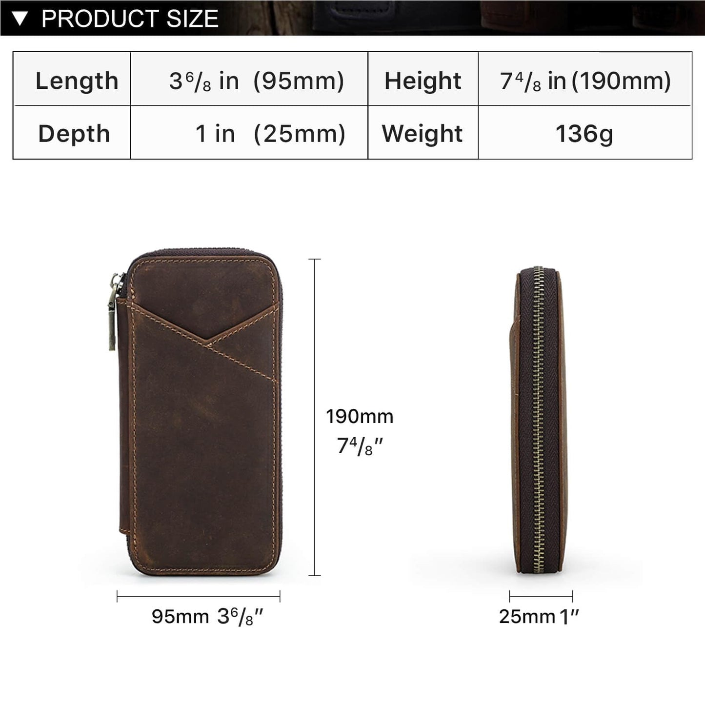 Hiram Handmade 4-Pen Case, Triple-Zip Crazy-Horse Leather Pouch with Microfiber Suede Lining, Heart-Stamped, Fountain/Ballpoint Box, Vintage Executive Stationery Storage(Coffee)