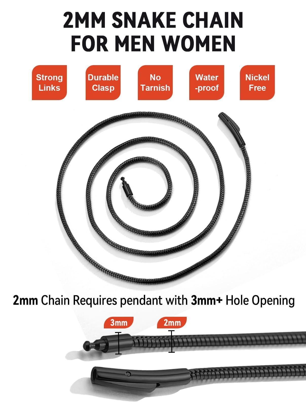 FaithHeart Snake Chains for Women Black Stainless Steel 2 MM Mens Chain Necklace 18 Inch Choker Chains for Ladies