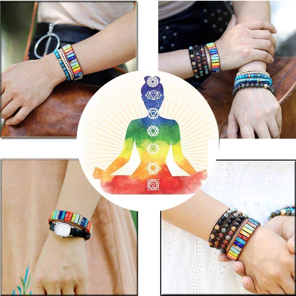 sedmart 7 Chakra Bracelets for Women with Real Stones Leather Wrap Healing Bead Bracelet Women Men Boho Friendship Jewelry… (Flower Button & Turquoise)
