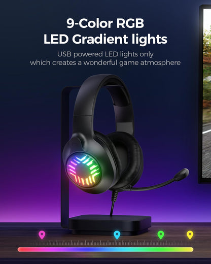 OLANRUN Stereo Gaming Headset, Wired Gaming Headphones Over Ear, Noise Cancelling Mic, 9 Colors Gradient RGB Ligh, Soft Memory Earmuffs for PC, Xbox One/Series PS5 PS4 Controllers, Nintendo (Black)
