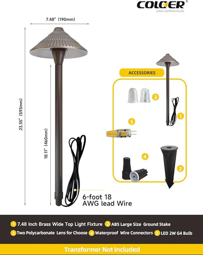 COLOER 12V Brass Outdoor Low Voltage Pathway Lights for Outside(Bronze,23" Tall, 7.5" Shade) with 2W 2700K G4 LED Bulb(604B)