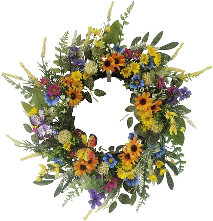 22 Inch Spring Summer Wreath for Front Door,Sunflower and Daisy with Eucalyptus Leaves,Mixed Flower,Fairy Lights,Artificial Wreath for Front Door Spring Outdoor Home Decor Easter Decor