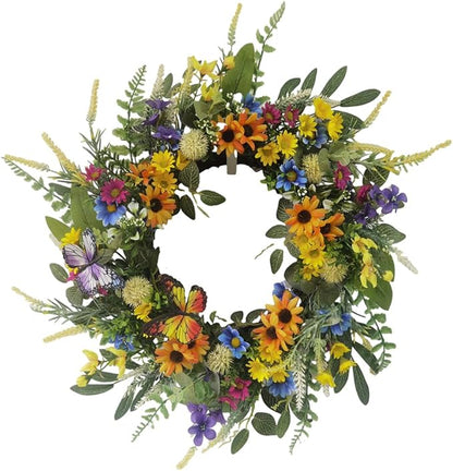 22 Inch Spring Summer Wreath for Front Door,Sunflower and Daisy with Eucalyptus Leaves,Mixed Flower,Fairy Lights,Artificial Wreath for Front Door Spring Outdoor Home Decor Easter Decor