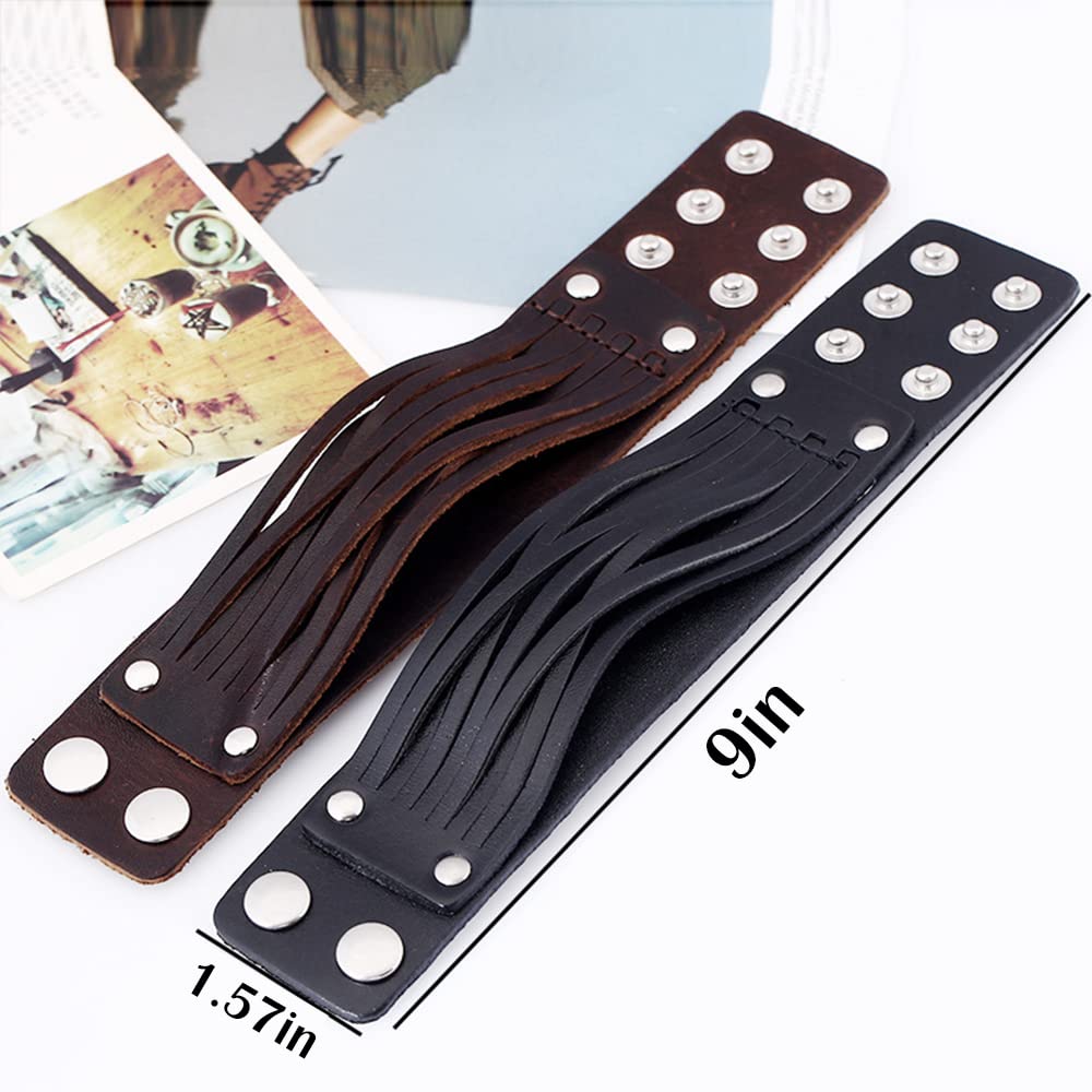 NIGHTCRUZ Punk Leather Cuff Bracelet, 2PCS Vintage Leather Wristband for Men Women