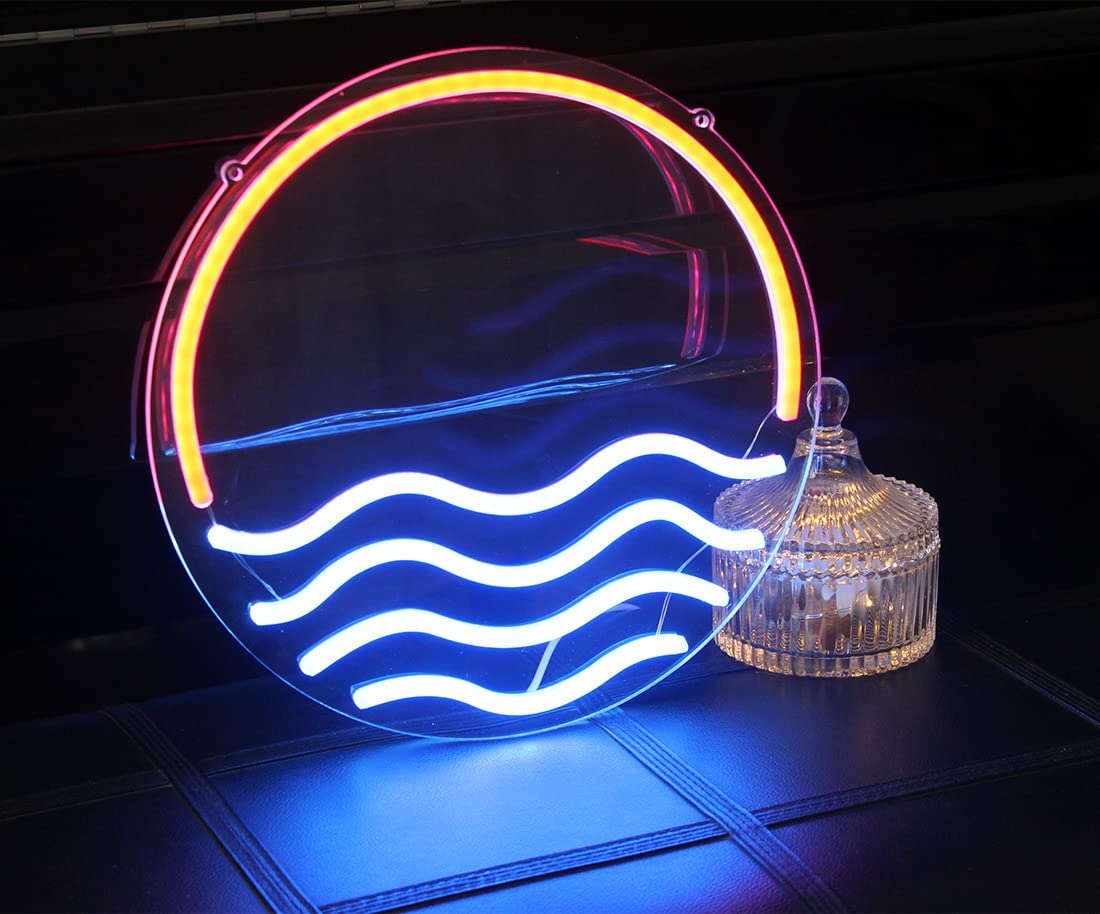Sunset&Sea Blue LED Neon Signs Sunrise Neon Lights For Bedroom Decoration Cool Wall Decor For Living Room Boy's Room USB Powered(12 * 12")