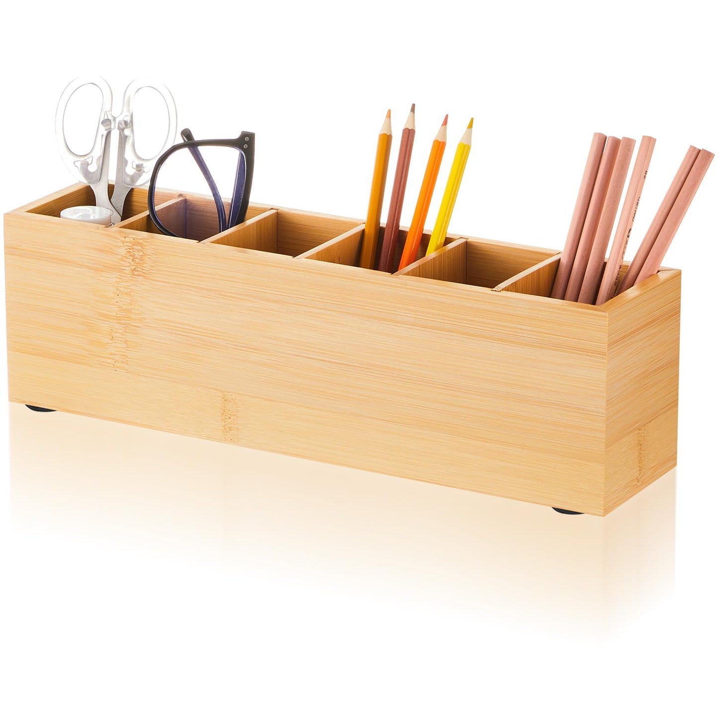 Jetec Wooden Pencil Pen Holder for Desk 6 Compartments Wood Office Desk Organizers for Countertop Adjustable Makeup Brush Organizer Silverware Caddy for Party, Home, Art Supplies(Bamboo)