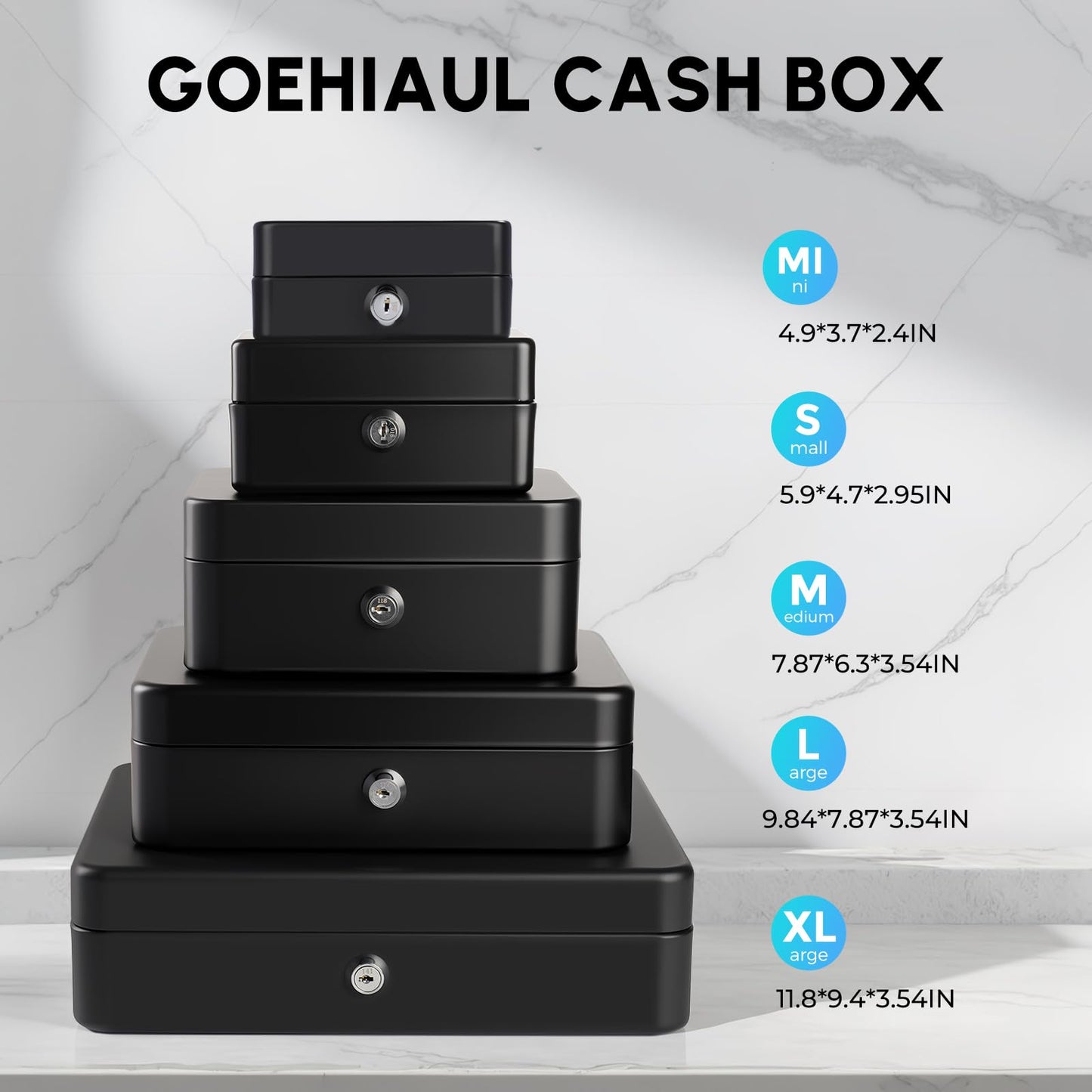 Cash Box with Lock Key and Money Tray - Large Money Box for Cash Register, Metal Lock Box for Money Safe 11.8" x 9.4" x 3.54" Black