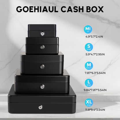 Cash Box with Money Tray and Lock, Metal Money Box for Cash Register, Large Cash Lock Box for Money Safe Includes 5 Slots Coin Tray, 4 Bill Slots, 4 Keys, 11.8" x 9.4" x 3.54" Black