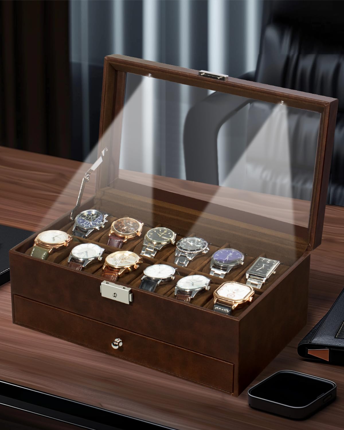 GUKA Watch Box 12 Slot Watch Display Organizer Leather Jewelry Case Drawer Glass Birthday for Men Women, Child Husband Dad GK-012-BROWN-LED-24