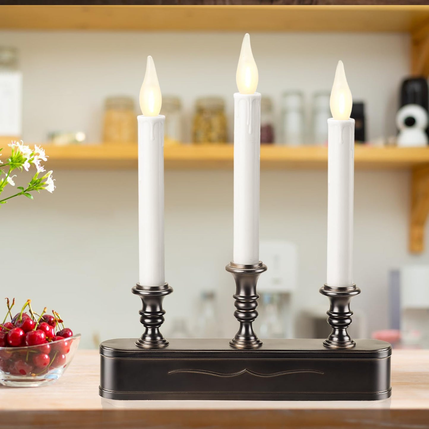 FGDECORJOIE Delicate Battery Operated Flicker Flame Black Antique 3 Tier LED Window Candelabra 11.5 Inch Hight with Automtically Recycle Timer 8 Hours On/16 Hours Off for Christmas New Year Festival