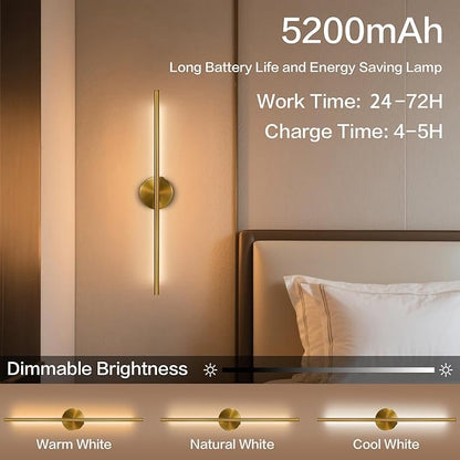 Rechargable Wall Sconce Set of Two, Modern Wireless Brass Wall Light Sconce with Remote, 28.35Inch Dimmable Indoor Home Wall Decor Lights for Bedroom, Living Room, Hallway (Bronze/Round)