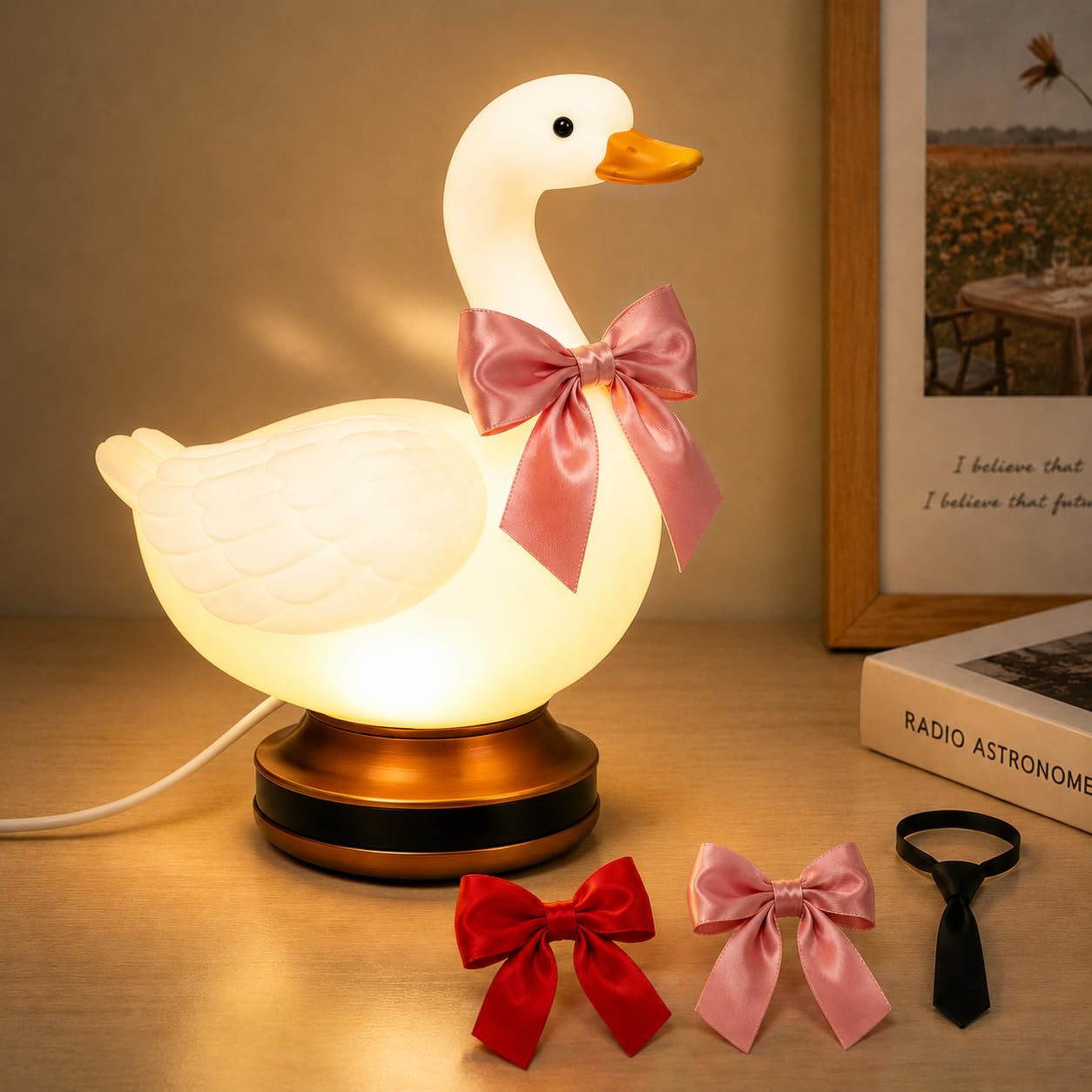 Eastyle Goose Night Light with Bow and Tie Accessories, Decorative Goose Shaped Table Lamp, Warm White USB Plug-in Goose Lamp, Cute Goose Nightlight, Resin Desk Light for Bedroom Shelf Decor Gift