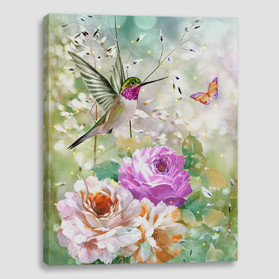 alottagifts Hummingbird Butterfly Flowers Lighted Canvas Wall Art Print 16" x 12" With Timer | LED Canvas Canvas Wall Art Print Design (Birds Butterfly Flowers,16" x 12")