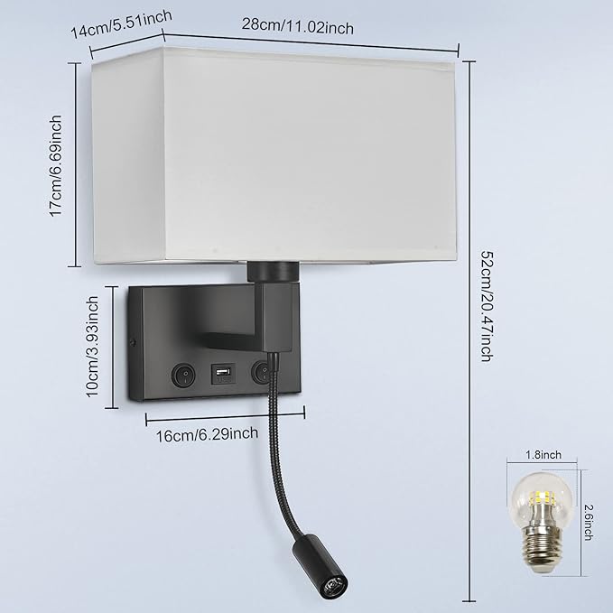 Black Wall Sconces, Hardwired Wall Lamp with USB Port and Reading Lamp, Fabric Shade Bedside Wall Lights with Reading Lamp for Bedroom Living Room Hotels Corridors (Black)