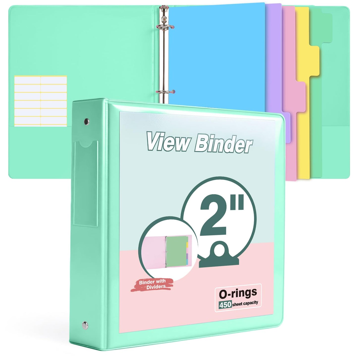 3 Ring Binder 2 inch，Cute Binder Organizer with 5 Tab Dividers Fits 175 Sheets of 8.5x11 Paper, Customizable Clear Cover with Inside Pockets, Aesthetic 2" Three Ring Binders for School Office，Green