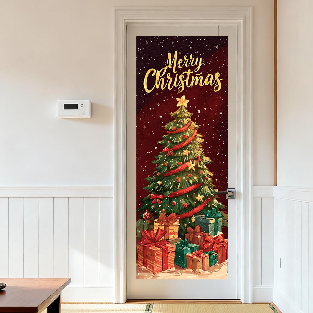 WDESYADMS 1PC Christmas Tree Door Sticker 30.3x78.7 Inch Self Adhesive PVC Peel and Stick Holiday Door Mural with Gift Boxes for Home Living Room Office Entrance Wall Art Decoration