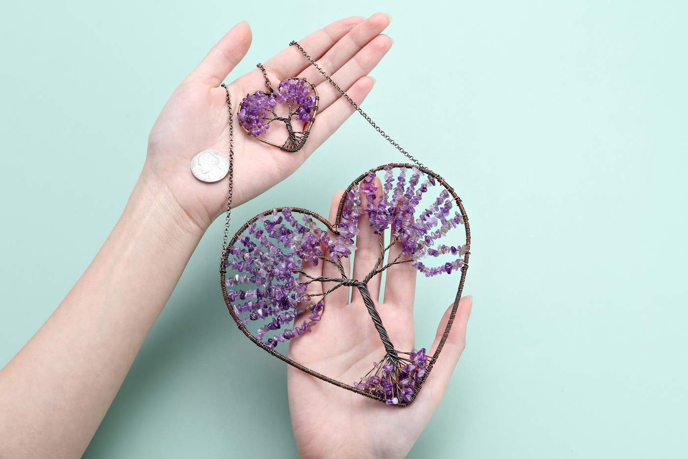 PESOENTH Amethyst Heart Life Tree Dream Catcher Hanging Ornament Bohemian Purple Double Hearts Life Tree Wall Art Window Car Hanging Decorations for Home Bedroom Decor