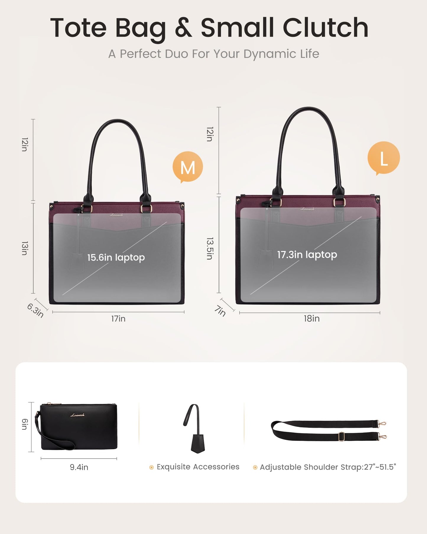 LOVEVOOK 17.3 inch Laptop Bag for Women, 2-in-1 Multi-Pocket Leather Tote Purse with Elegant Clutch & Cup Holder, Waterproof Structured Large Capacity Work Briefcase for Office Travel, Wine Red-Black