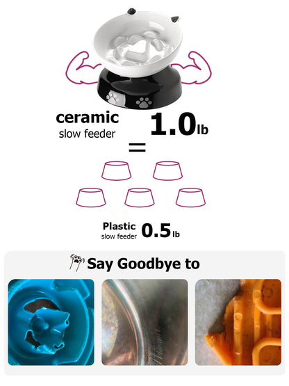 Y YHY Ceramic Cat Slow Feeder, Elevated Dog Food Bowl Tilted Design, Slow Feeder Bowl no Black Chin, Cat Shape for Dry and Wet Food