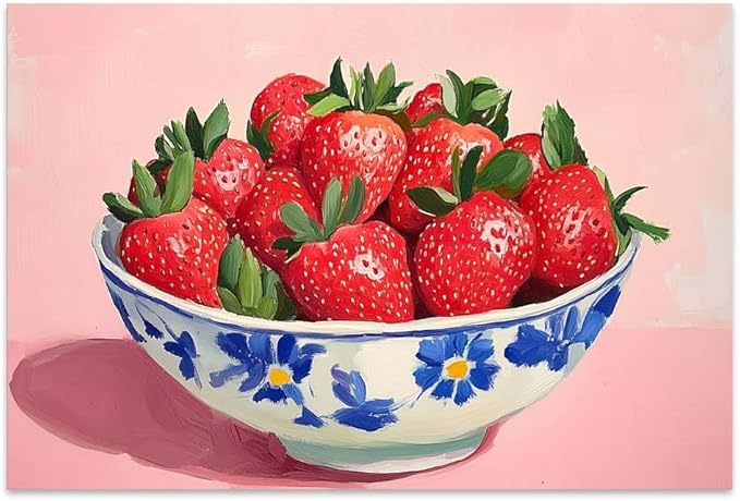 Yesad Strawberry Wall Art Print, Pink Kitchen Wall Décor Fruits Prints Canvas Wall Art Vintage Painting Pictures Modern Wall Décor for Living Room Dining Room Bedroom (Unframed,30”x20”, Strawberry)