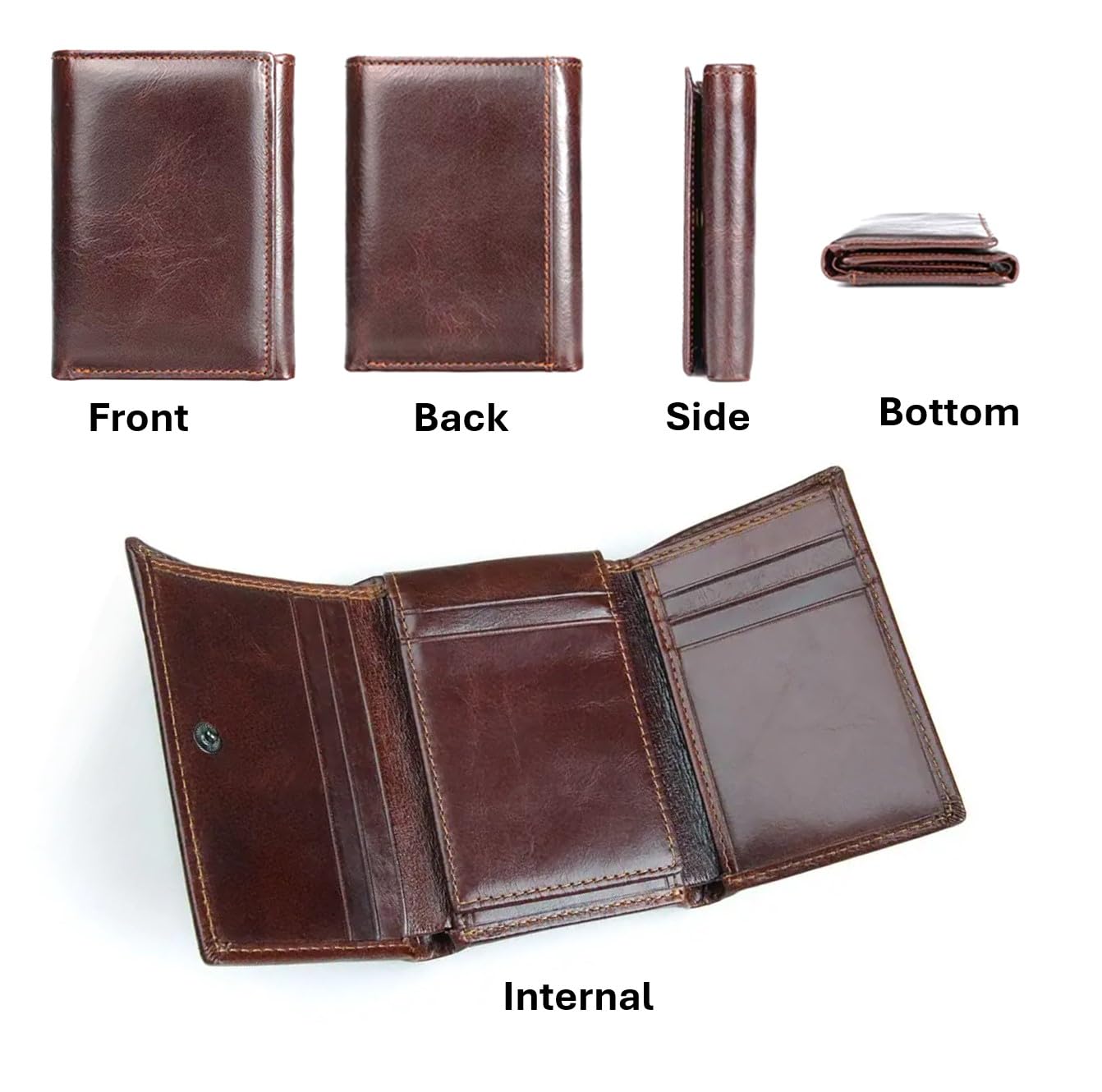 AurexaFashion Genuine Leather Short Trifold Wallet for Men, RFID Blocking, Snap Closure. 11 Card Slots, 2 ID Windows. Mahogany