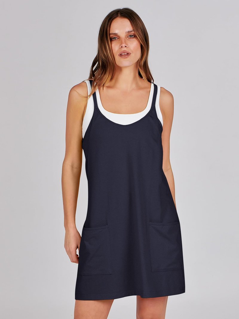 ANRABESS Women Athletic Dress Summer Tennis Workout Active Sports Mini Romper Dress Built in Shorts Travel Vacation Clothes Navy Blue Small