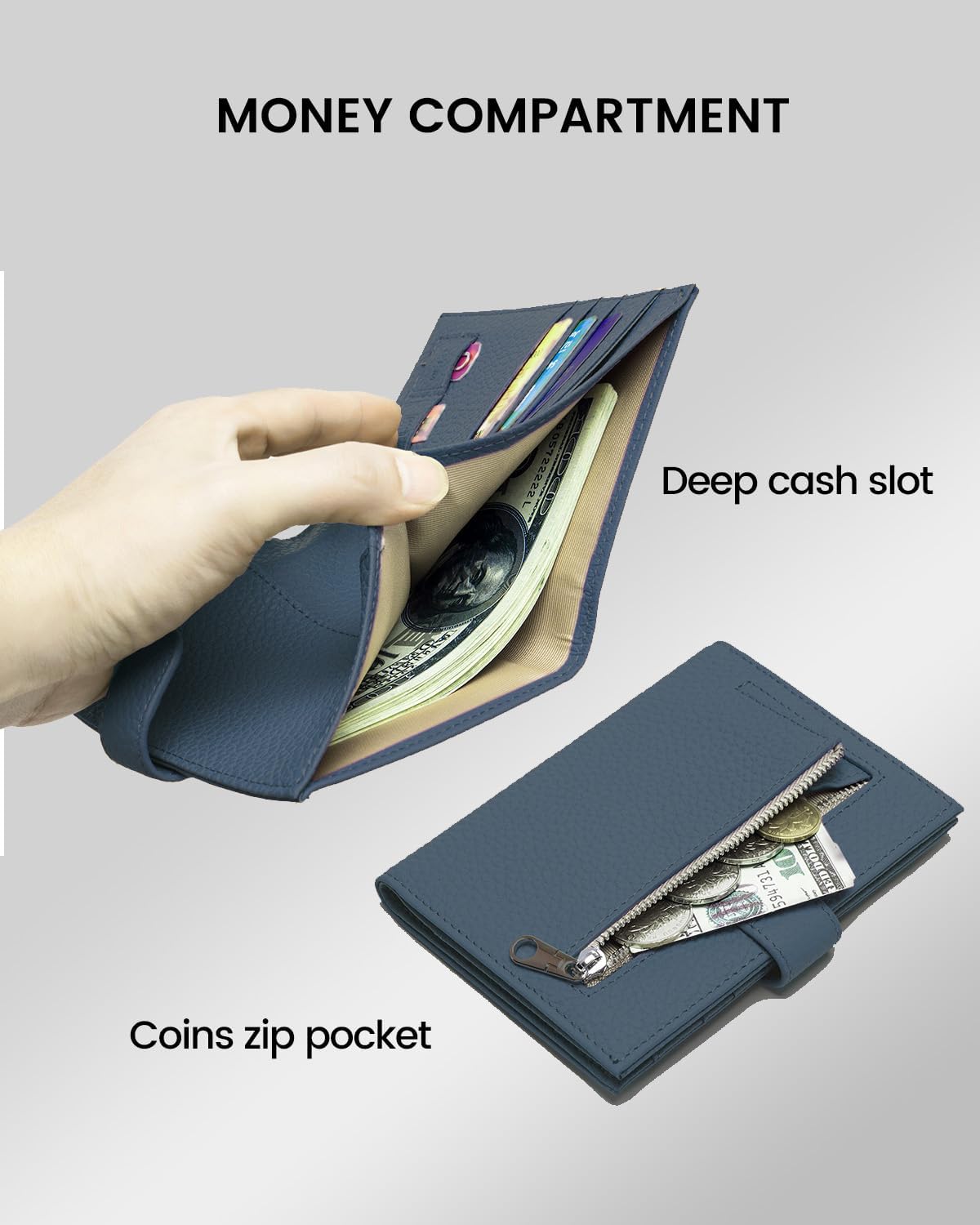 Karmiir RFID Slim Passport Holder for Man & Women, Compact Leather Passport Wallet with Card Holders SIM Slots, Zippered Coins Pocket and Cash Holder Travel Passport Cover Case, Dark Blue