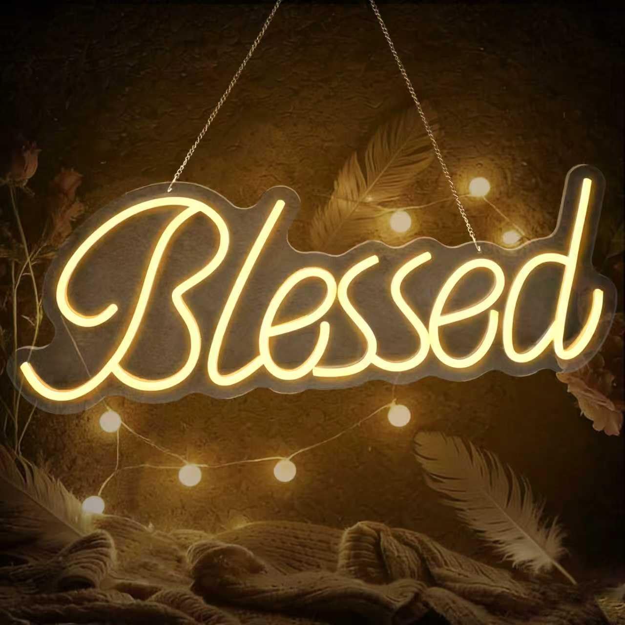 Blessed LED Neon Sign,19.6 x 7.5 Inch Light Up Letter Neon Lamp, Wall Art Decor for Teen Bedroom, Holiday Party, Wedding & Home Room Decoration (Warm White)