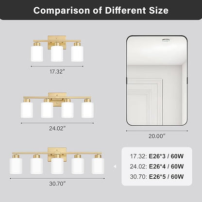 Gold Bathroom Light Fixtures, 3-Light Modern Vanity Light Over Mirror, Wall Sconces with Milky White Frosted Glass Shades, E26 Socket (Bulbs Not Included)