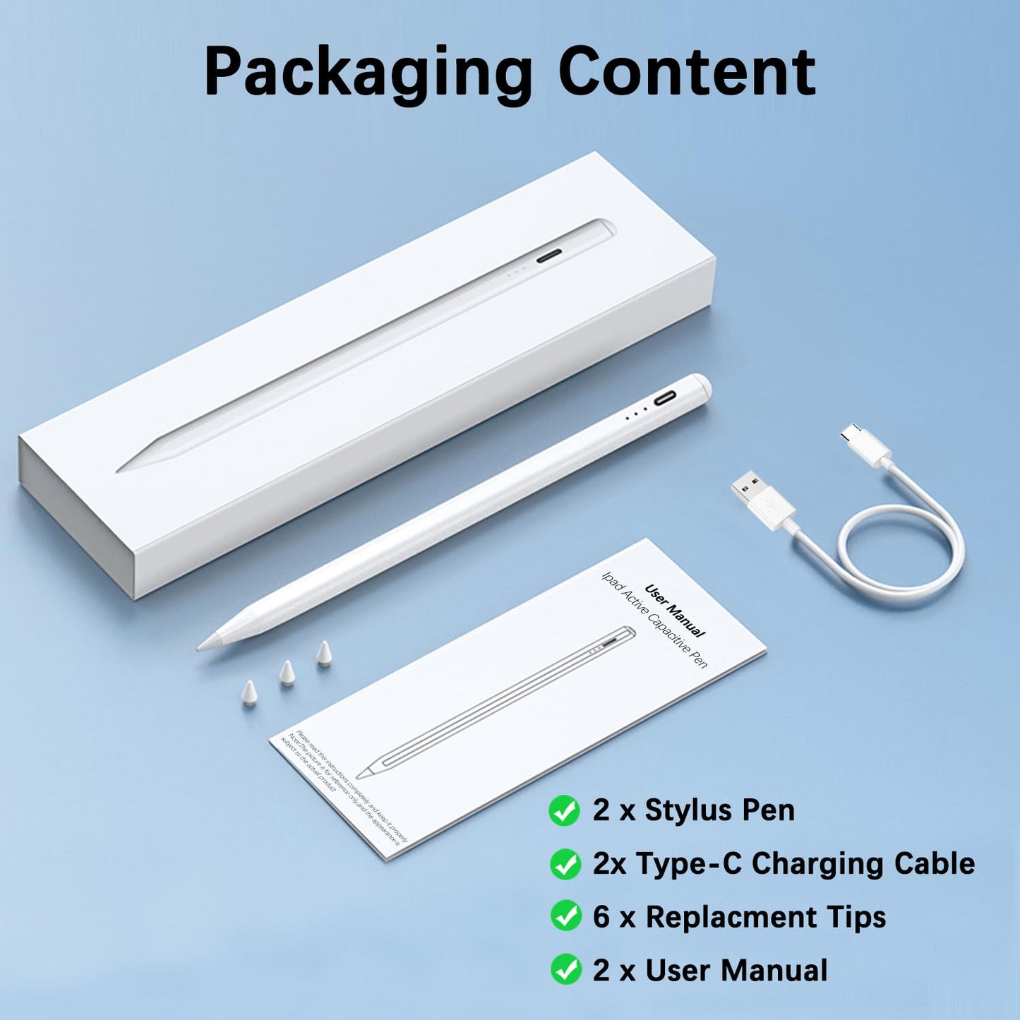 【2Pack】Stylus Pen for Apple iPad 2018-2026 A16 11/10/9/8/7/6,iPad Mini A17 Pro/6/5,iPad Air M4/M3/M2 11"/13"/5/4,iPad Pro M5/M4 13"/12.9"/11" USB-C Fast Charging Pencil,Pixel-Perfect Tilt Sensitivity