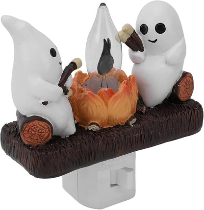 Ghost Campfire Night Light, White Plastic, LED Flickering Flame Effect, Indoor Decorative Wall Plug-in, Spooky Decor for Kids Bedroom