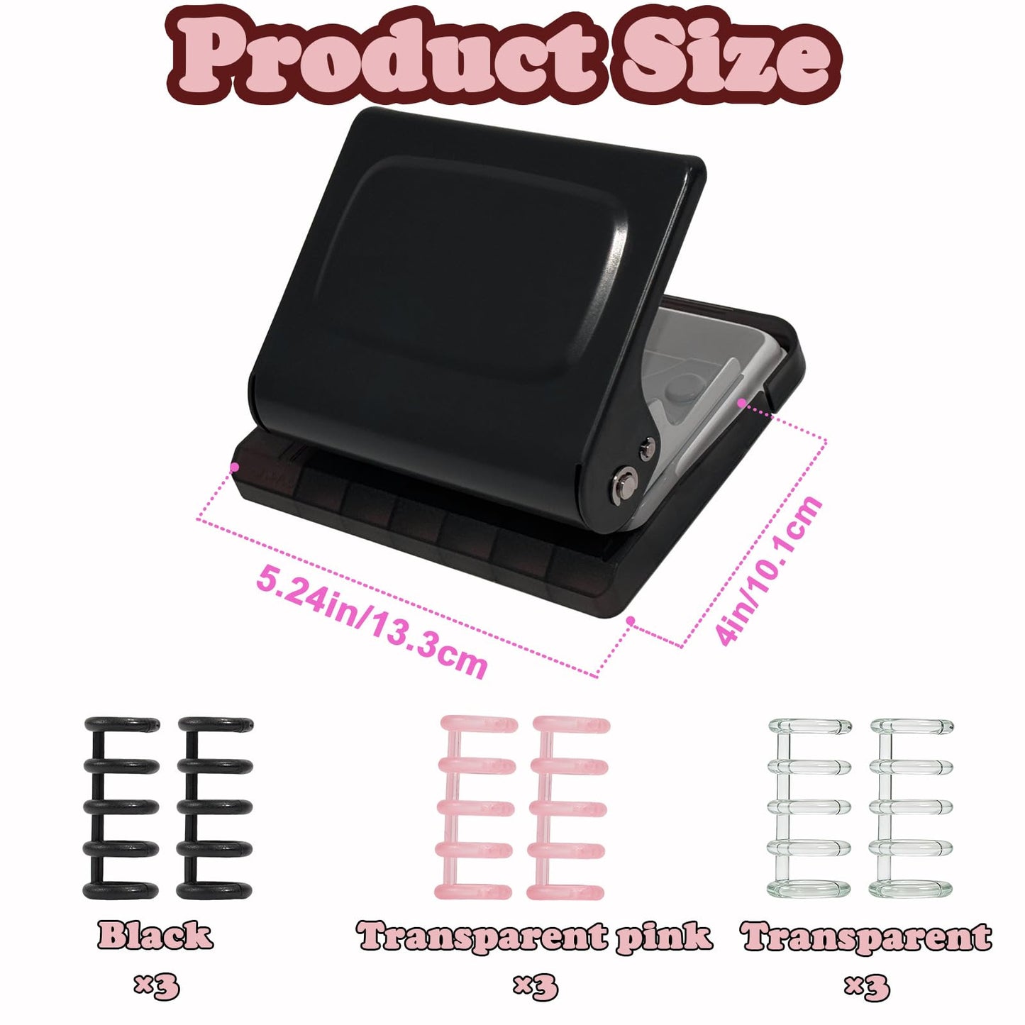 10 Hole Punch Binding Machine for Planners, Manual Paper Puncher for DIY Loose Leaf Notebooks, Includes 18 Colorful Binder Rings, Perfect for A4/A5/B5 DIY Scrapbooking, Black