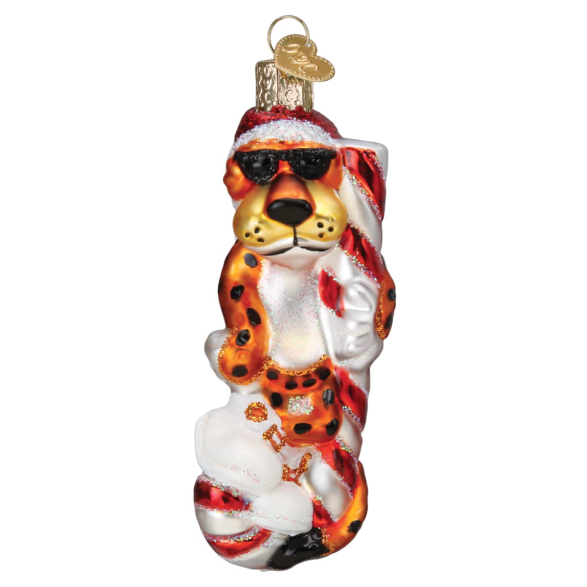 Old World Christmas Chester Cheetah on Candy Cane Glass Blown Ornament for Christmas Tree, Handcrafted Holiday Decoration, Snack Collection