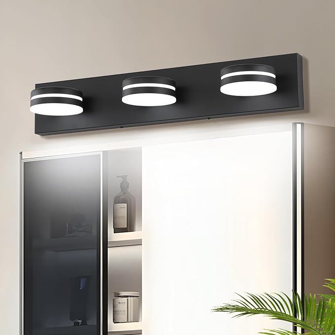 Modern Black Bathroom Vanity Light Fixtures Over Mirror, 3-Light LED Bathroom Lighting Fixtures with 360°Rotatable Head, 24-Inch Vanity Wall Lights for Bath Restroom Powder Room