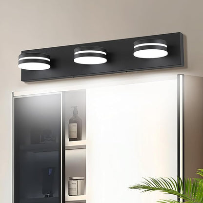 Modern Black Bathroom Vanity Light Fixtures Over Mirror, 3-Light LED Bathroom Lighting Fixtures with 360°Rotatable Head, 24-Inch Vanity Wall Lights for Bath Restroom Powder Room