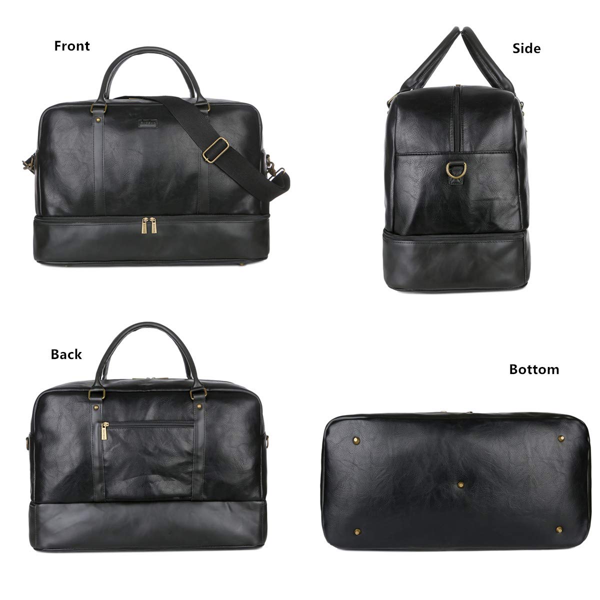 BAOSHA Vegan Leather Large Travel Duffel Tote Bag Carry On Weekender Overnight Bag With Shoe Compartment HB-38 (Black)