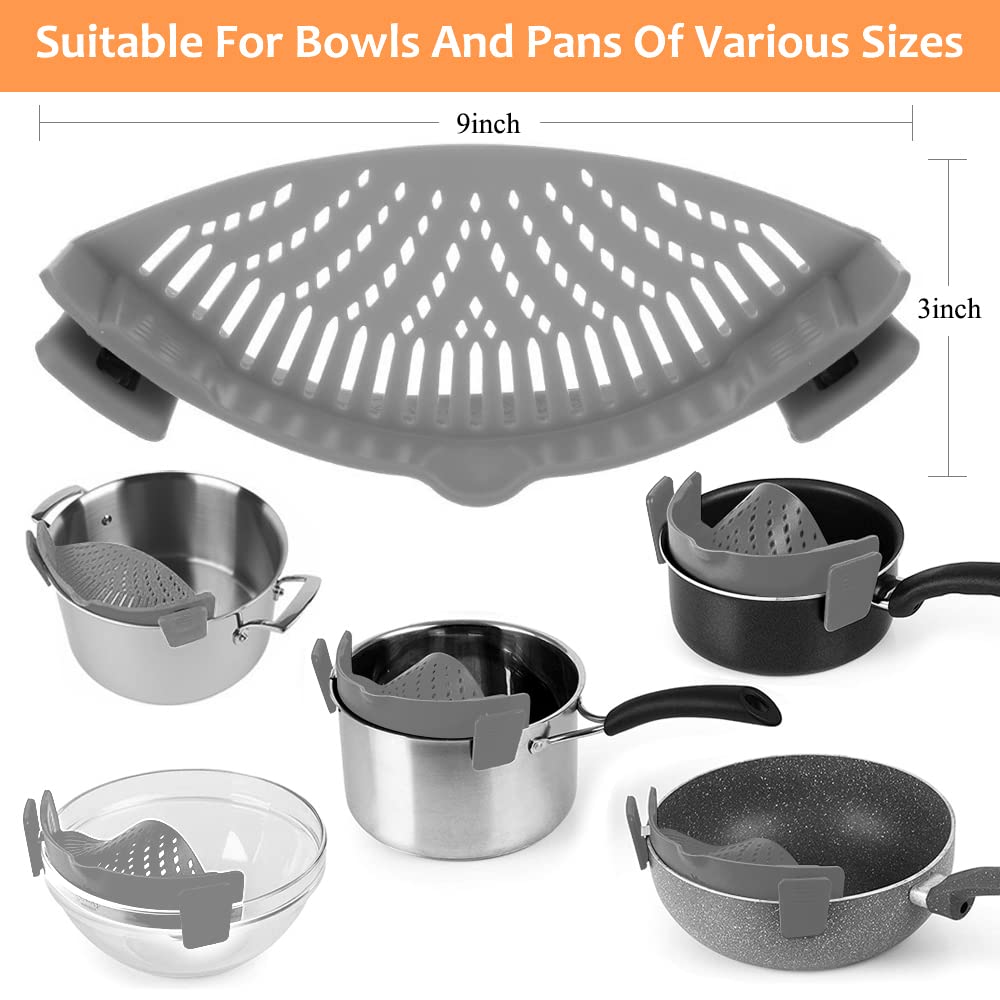 YEVIOR Clip on Strainer for All Pots Pan,Silicone Pasta Strainer Kitchen Gadgets,Collapsible Colander for Noodle,Vegetables,Fruit,Spaghetti (Grey)
