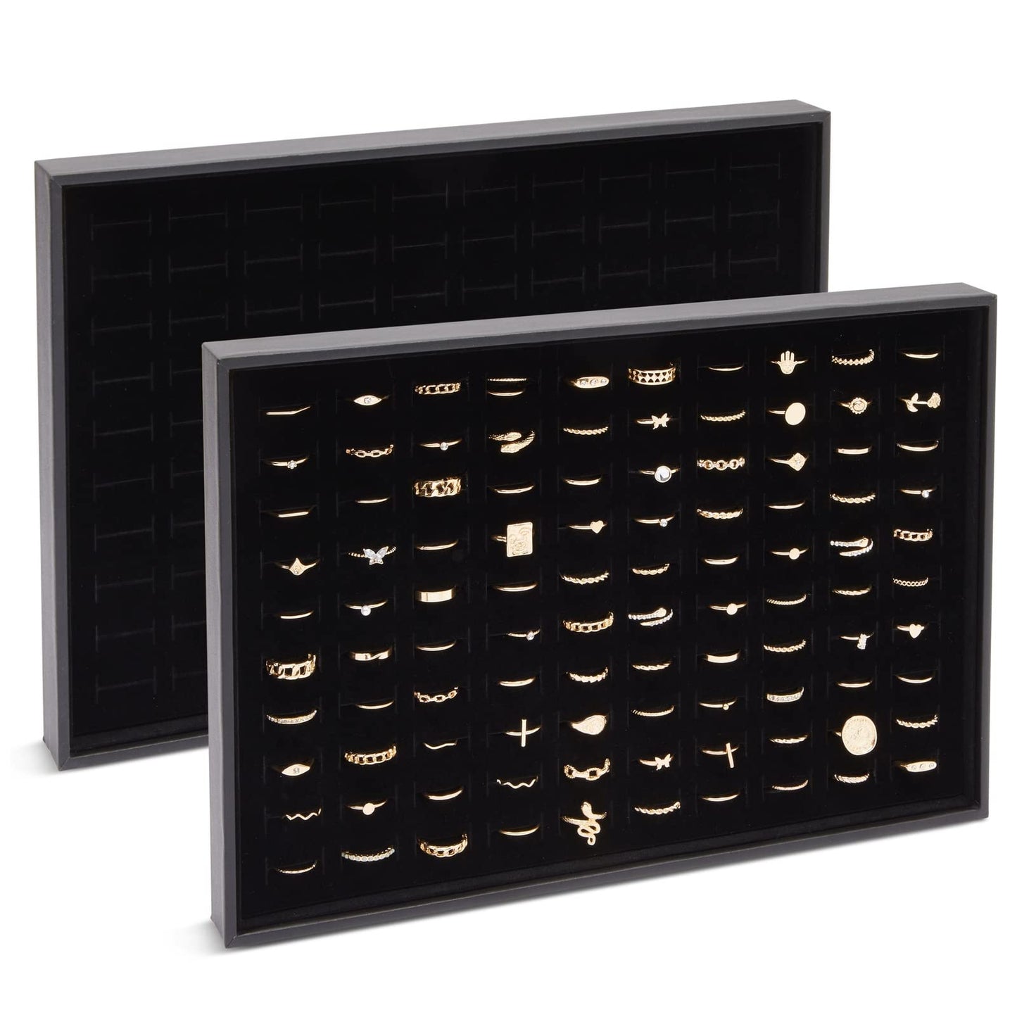Juvale Ring Display Tray - Velvet Protection & Jewelry Display - Removable Pad & Earring Storage - Stackable Jewelry Trays & Glasses Holder for Nightstand - Pack of 2, 13.8 x 9.5 x 1.3 in, Black