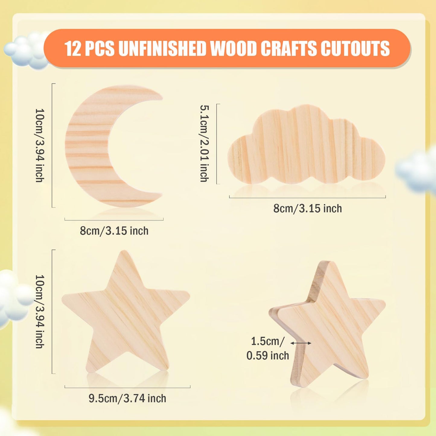 AWIZOM 12 Pcs Wooden Moon Star and Cloud Cutouts Unfinished Table Sign Blank Wood Blocks to Paint Pine Wood Table Centerpieces for DIY Crafts Back to School Boho Home Tiered Tray Decoration,3.94 Inch